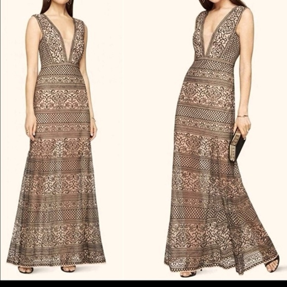 BCBGMaxAzria Black and Tan Lace Maxi Dress